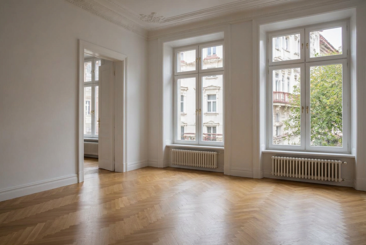 Wohnzimmer einer Altbauwohnung in der Stadt – nach der Räumung