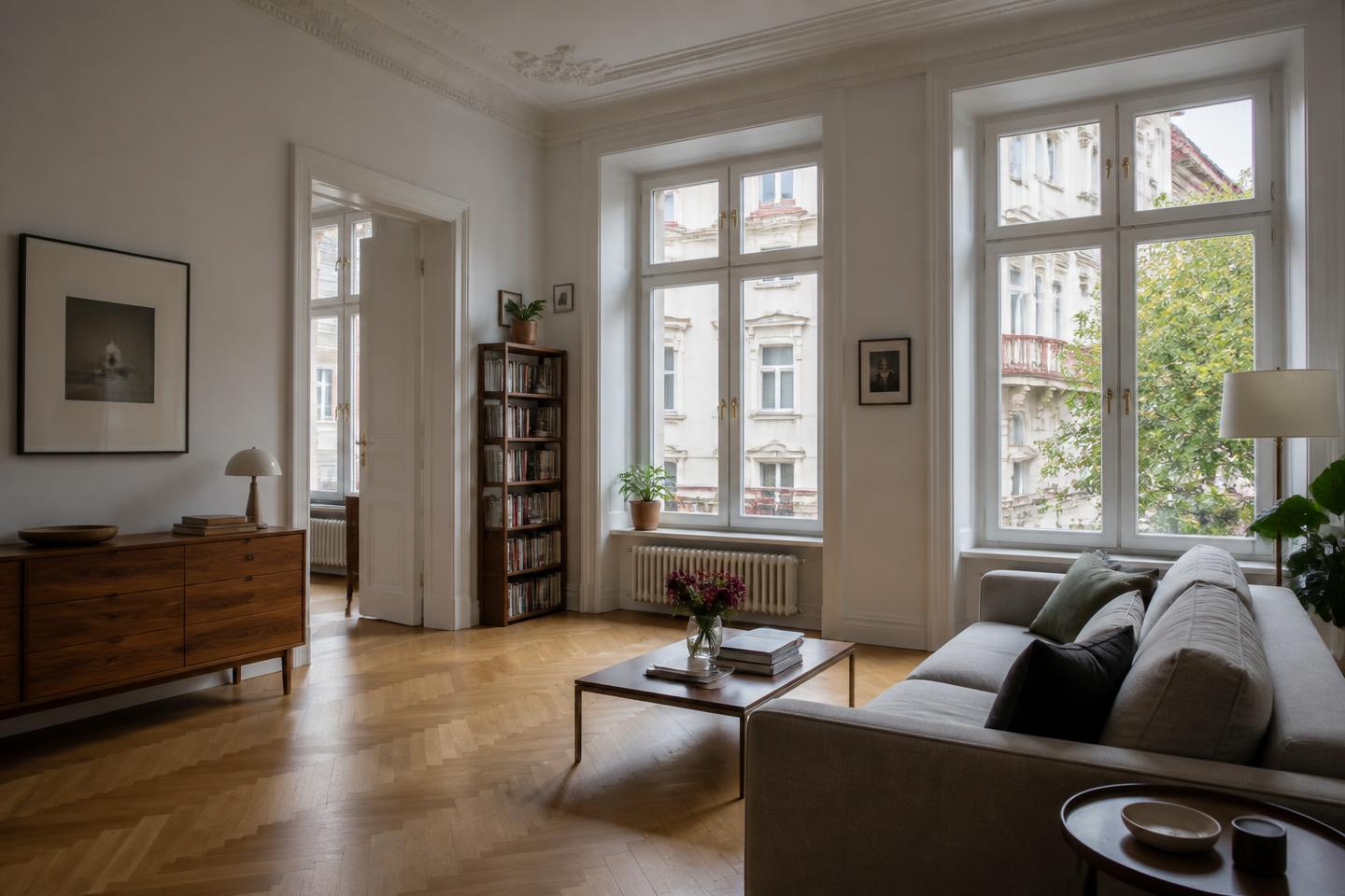 Wohnzimmer einer Altbauwohnung in der Stadt – vor der Räumung