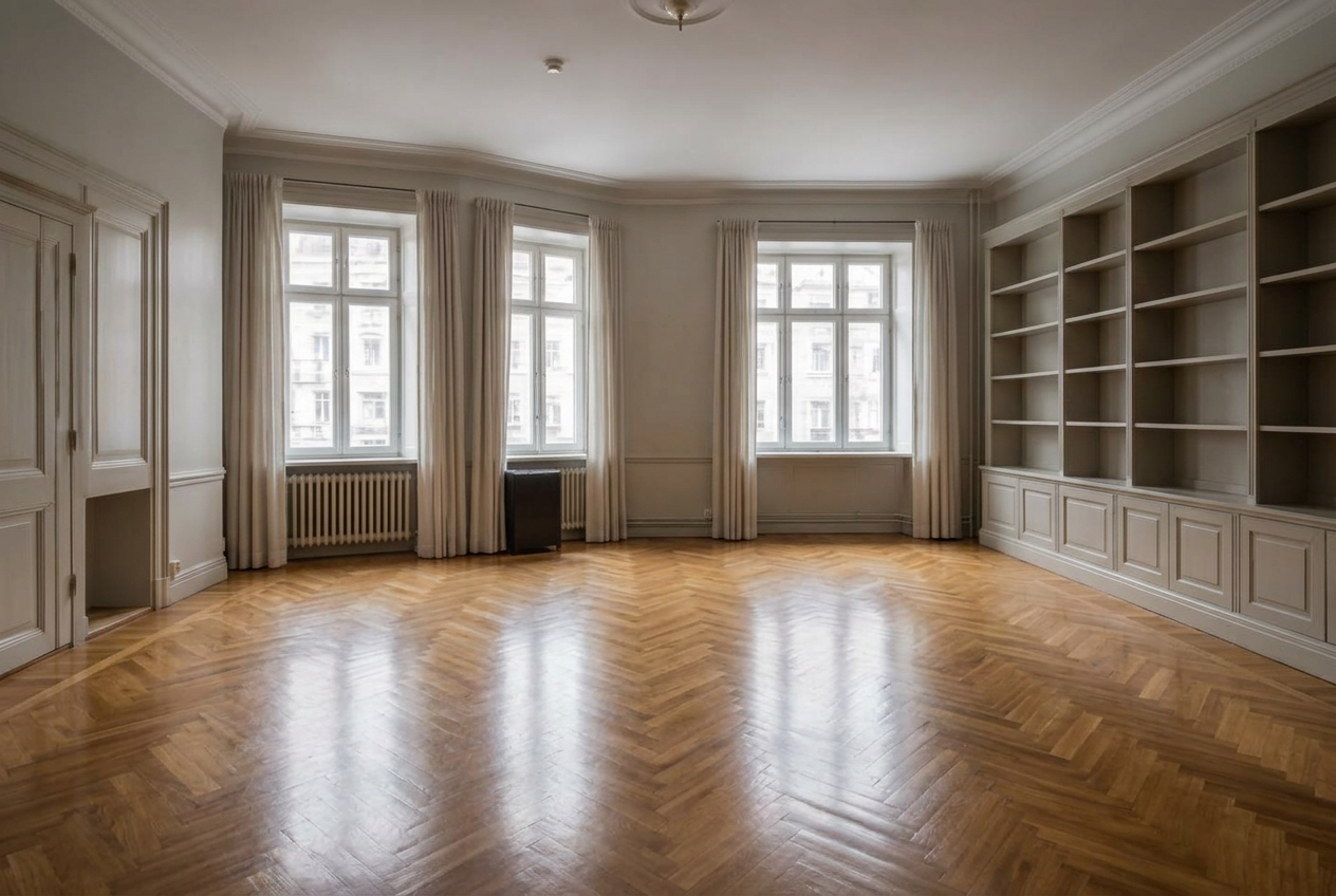 Grosser Wohnraum einer Altbauwohnung – nach der Räumung